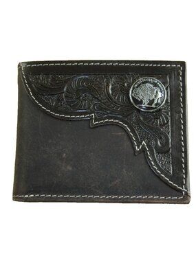 American Bison Men's Buffalo Nickel Concho Bifold Dark Brown Leather Wallet NIB